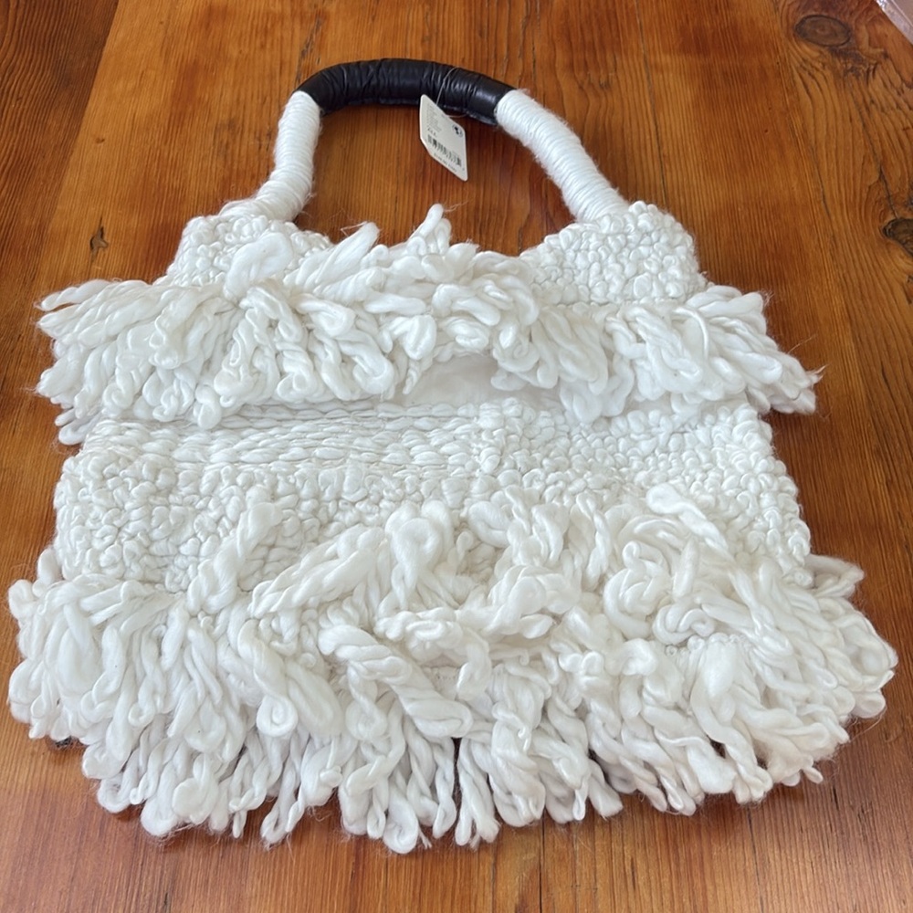 FREE PEOPLE Oslo Knit Tote White Purse Bag boho bag fringe faux‎ leather new - Picture 4 of 6